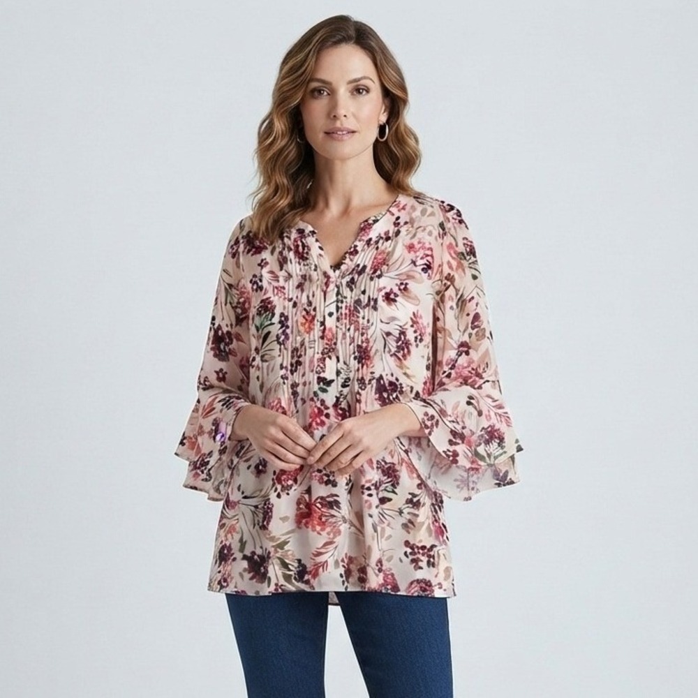Catherines Floral Pintuck Blouse Tiered Bell Sleeve Fairy Burgundy 3X 26/28W